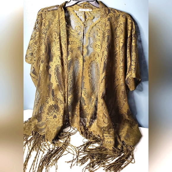 EMERETTE OPEN MESH Cover Up DARK GREEN Shawl SZ M Kimono FRINGE GREAT CONDITION - Picture 8 of 14